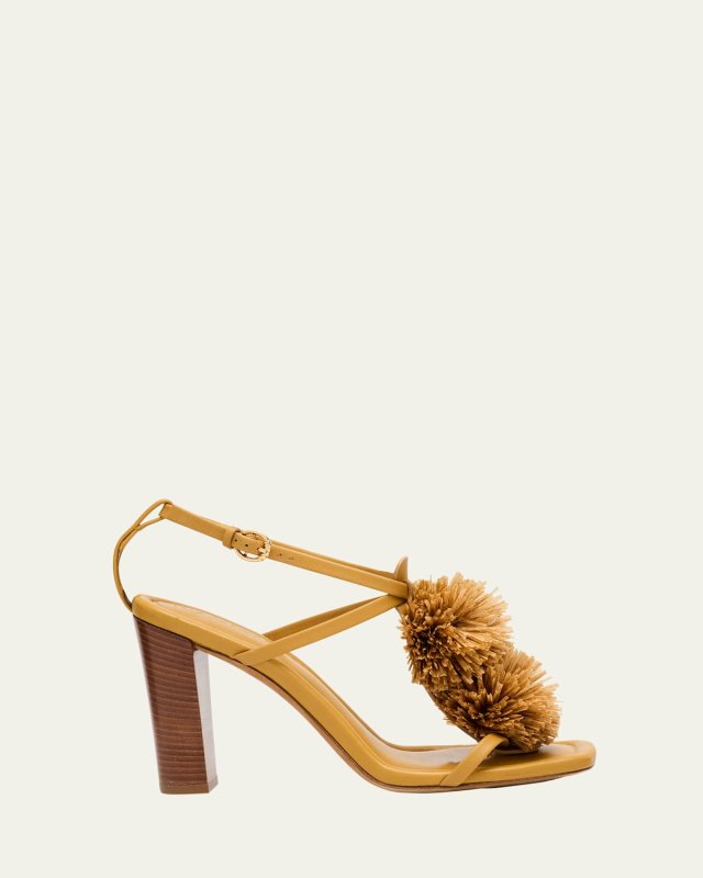 Isolde Leather Pom Pom T-Strap Sandals